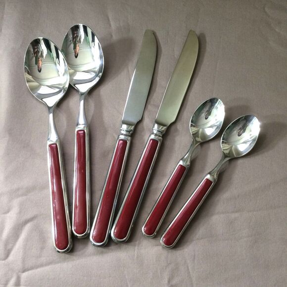 Excalibur Seed Flatware Italy 2 Dinner Forks 2 Serv Spoons 2 Teaspoons Maroon - Picture 1 of 3